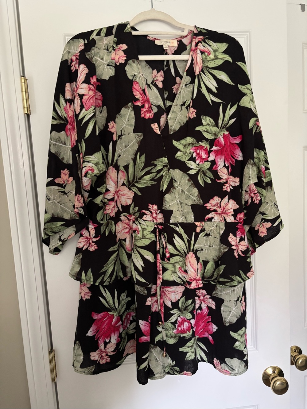 Umgee Black Floral V-Neck Romper with Pink & Green Print